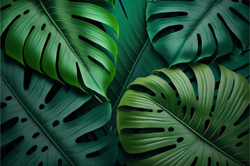 Plakat Green tropical leaf texture pattern background, Generative AI