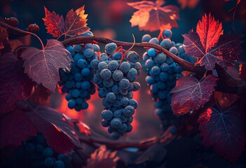 Autumn vineyard with ripe blue grapes hanging on the vines. Generative AI