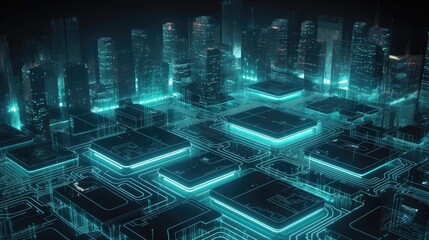 Smart city on circuit board background. Generative AI