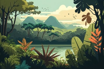 2D flat Tropical forest and lake background,Generative AI