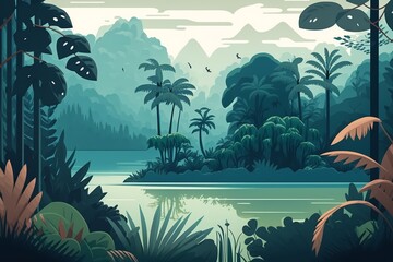 Fototapeta na wymiar 2D flat Tropical forest and lake background,Generative AI