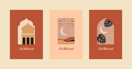 Collection of modern style Eid Mubarak greeting cards with retro boho design, moon, mosque dome and lanterns