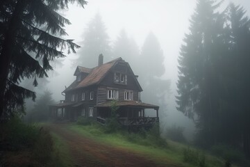 spooky house in the middle of the foggy forest. Generative Ai