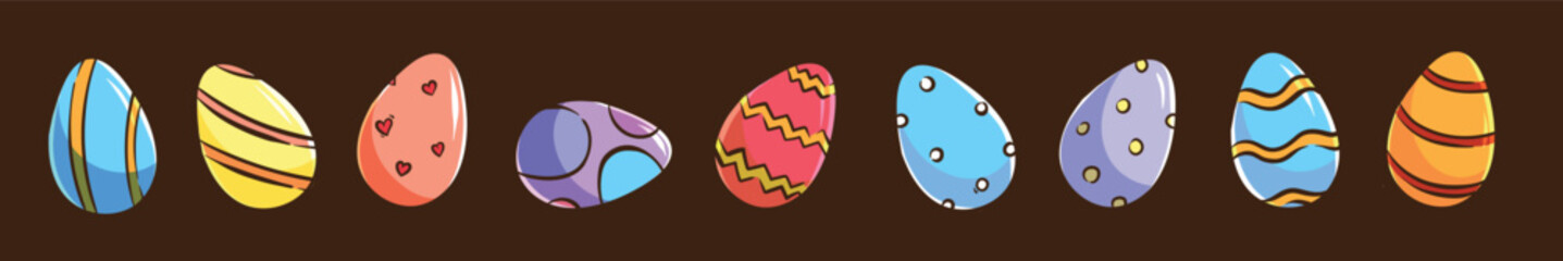Vector set for religious holiday Happy Easter. Cute chicken egg with multicolored pattern of yellow stripes, pink dots, red hearts. Handdrawn line art doodle illustration. Element for greeting card.