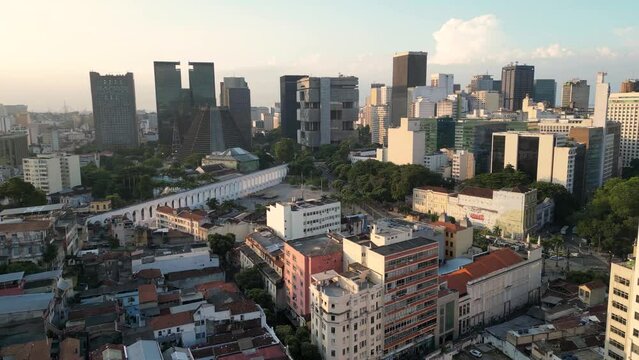 Aerial View of Lapa Aqueduct With City Downtown in Rio de Janeiro