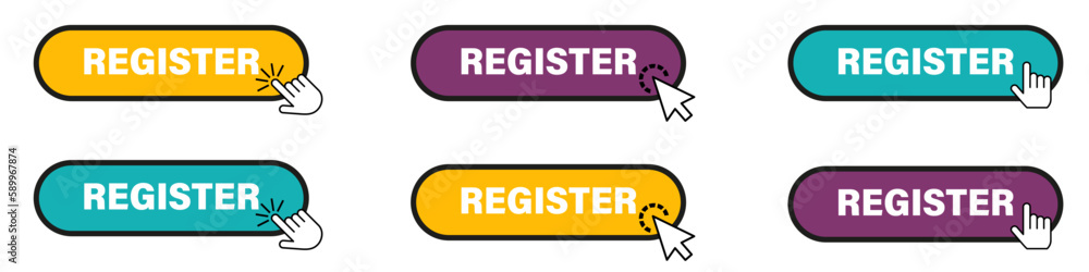 Poster colorful register buttons with pointer. vector elements for website collection.