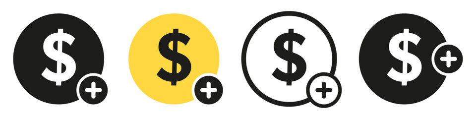 Add money to a wallet button. Vector dollar and plus icon set.