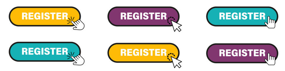 Colorful register buttons with pointer. Vector elements for website collection.