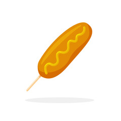 Corndog with mustard. Fast food icon. Bbq. Design element for your poster, web page, menu, brochure, flyer. Vector illustration in trendy flat style isolated on white background.