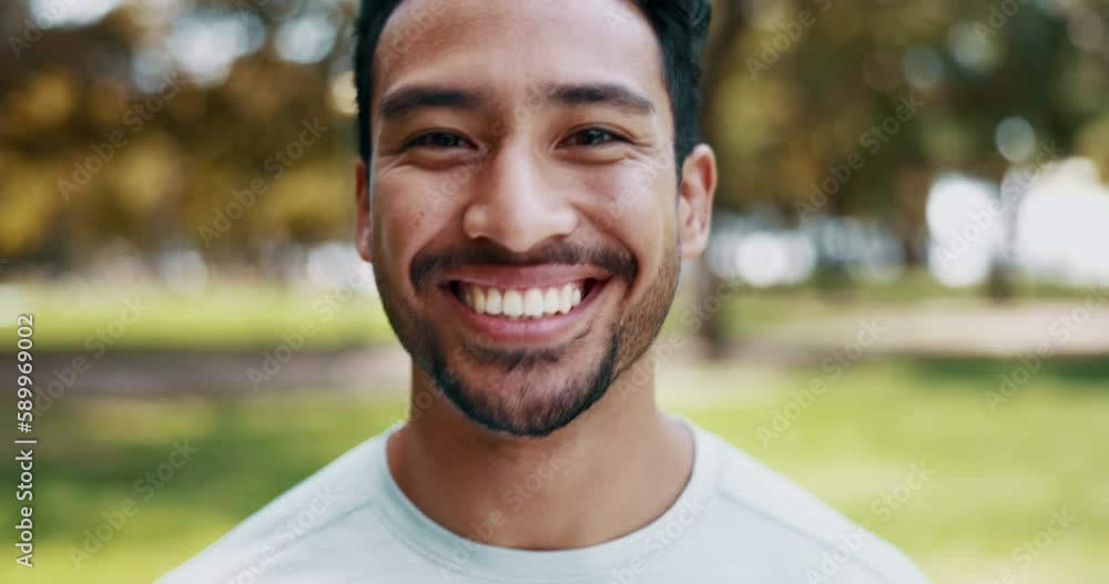 Sticker Park fitness, smile and face of happy man ready for cardio exercise running, outdoor marathon training or health wellness. Portrait person, nature happiness and sports athlete for workout challenge