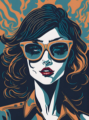 Beautiful girl wearing trendy sunglasses, 60s fashion poster. AI generated illustration