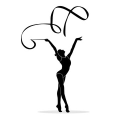 Silhouette of female rhythmic gymnast player with ribbon. Vector illustration - obrazy, fototapety, plakaty