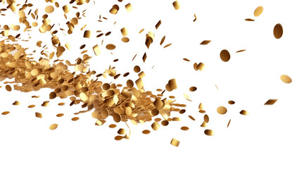 golden confetti on transparent png background features small, irregularly shaped pieces of shiny, gold-colored paper or material scattered across. confetti would be arranged in a random pattern. Gener
