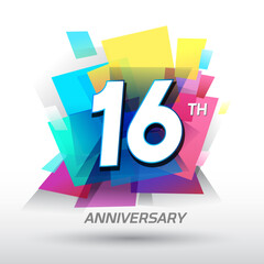 16th Anniversary with confetti and celebration background