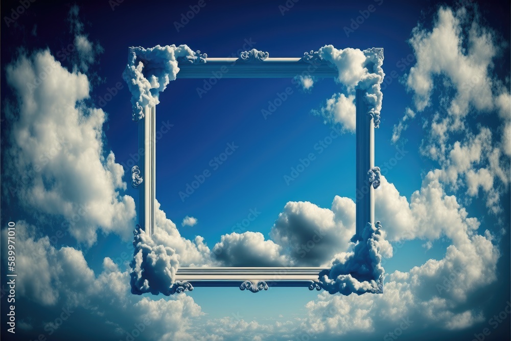Poster frame isolated on white cloud background in the sky in square shape. concept of luxurious fantasy. f