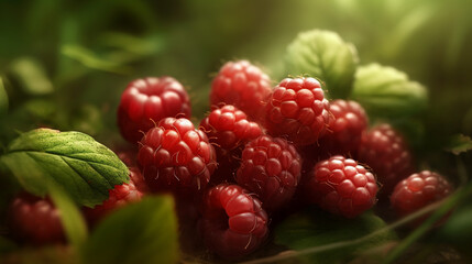 Raspberries on the soil. Organic farming sweet berry. Garden growing raspberry fruit. Generative AI