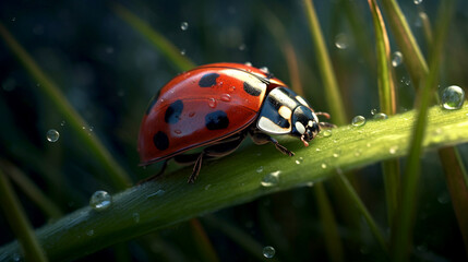Lady bug on grass stalk. Morning dew and ladybird. Close up red beetle insect. Generative AI
