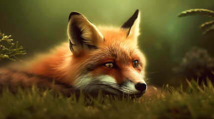 Red fox animal in green grass. Outdoor omnivorous mammal in wildlife. Animal in the field. Generative AI