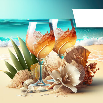 Creative summer card, party invitation, greetings, trevel agency banner, ads Two cocktail glasses standing on sandy ocean beach near flower, green leaves White blank copy paste text area AI generative