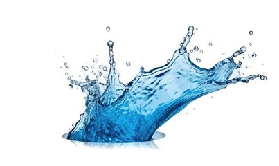 Blue splash is captured in mid-air as water droplets dance around it, isolated on a white background. Creating using generative AI tools