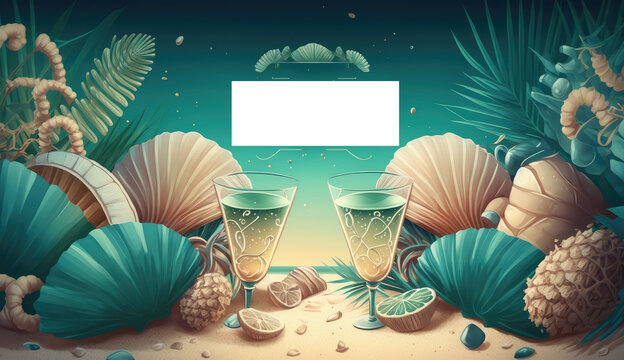 Creative summer card, party invitation, greetings, trevel agency banner, ads Two cocktail glasses standing on sandy ocean beach near seashells White blank copy paste text area AI generative