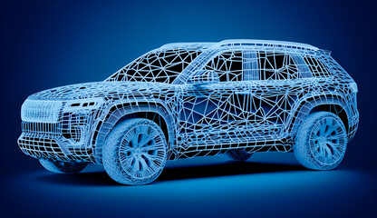 Naklejka premium Side view of AR Futuristic SUV car wireframe concept with wireframe intersection on blue background, generative ai, SUV car wireframe concept in futuristic style