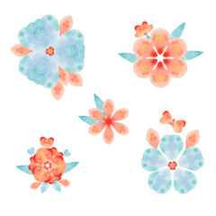 Cute Watercolor hand painted  floral elements on the white background. Cute decorative illustrations for cards, posters, icons, fabrics, decor, textile.