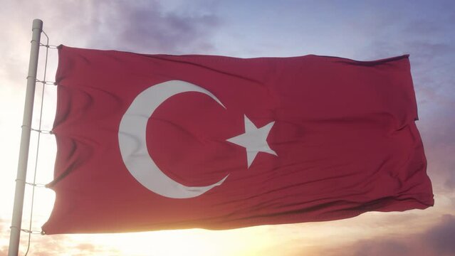 Turkey flag waving in the wind, dramatic sky background