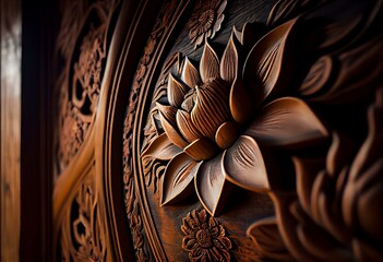 A wooden door in a Buddhist temple featuring a beautiful carved lotus design. Generative AI