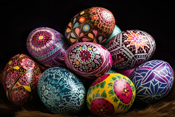A basket of colorful easter eggs with a black background