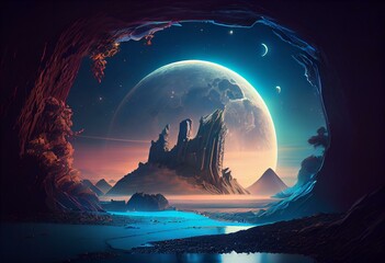 A futuristic fantasy landscape with abstract island, moonlight, neon and a space portal. 3d illustration. Generative AI