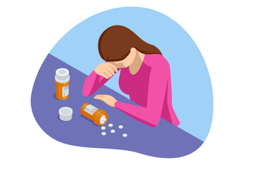 Isometric concept of dependence on pills, drugs, antidepressants. Healthcare and medical, addiction recovery. Concept for prescription drug abuse - obrazy, fototapety, plakaty