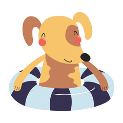 Cute dog swimming with a pool float cartoon character illustration. Hand drawn Scandinavian style flat design, isolated vector. Kids summer print element, animal on holidays, vacations, beach
