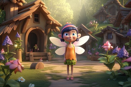 Cute Cartoon Fairy Princess in a Fairy Village (Generative AI)