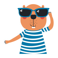 Cute beaver wearing sunglasses and swimsuit cartoon character illustration. Hand drawn Scandinavian style flat design, isolated vector. Kids summer print element, animal on holidays, vacations, beach