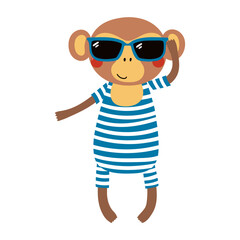 Cute monkey wearing sunglasses and swimsuit cartoon character illustration. Hand drawn Scandinavian style flat design, isolated vector. Kids summer print element, animal on holidays, vacations, beach