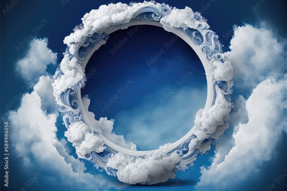 Poster frame made with covered white cloud in the sky in circle shape. concept of luxurious fantasy window.