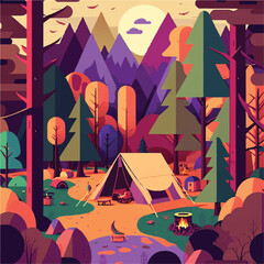 campsite view in forest with tent and campfire