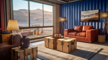 Living Room in a Modern House Made of Cargo Containers with Urban and Contemporary Style, Generative AI