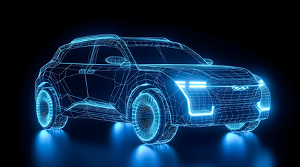 Modern Futuristic car wireframe concept with Augmented reality wireframe intersection on blue background, generative ai, SUV car wireframe concept in futuristic style