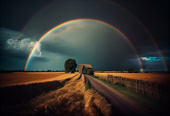 Rainbow above dark countryside storm at summer day. Generative AI