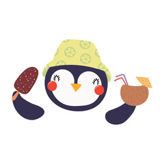 Cute penguin in hat, with ice cream, cocktail cartoon character illustration. Hand drawn Scandinavian style flat design, isolated vector. Kid summer print element, animal on holidays, vacations, beach