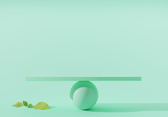 3D green product podium display with green leaf and ball for product show mockup background, Center composition. 3D render illustration.