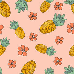 vector illustration seamless pattern of pineapples and pink flowers on peach background