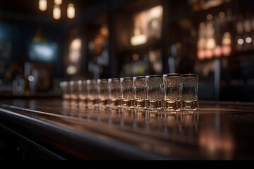 Wooden bar counter with blur background, table top with shots glasses for product presentation - created with generative AI technology