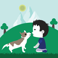 A child Kissing a dog in front of mountains creative national pet day concept