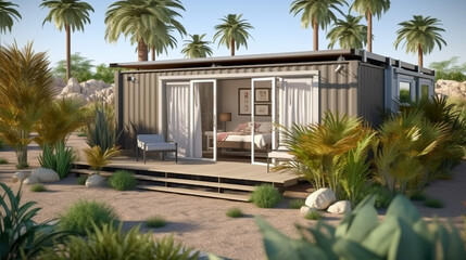 Sustainable Desert Living, Small House Made of Cargo Containers with Efficient Design, Generative AI