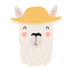 Cute llama in straw hat cartoon character illustration. Hand drawn Scandinavian style flat design, isolated vector. Kids summer print element, animal on holidays, vacations, beach © Maria Skrigan