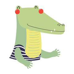 Cute crocodile in swimsuit cartoon character illustration. Hand drawn Scandinavian style flat design, isolated vector. Kids summer print element, animal on holidays, vacations, beach