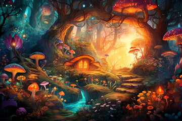 Obraz na płótnie Canvas Mushroom house in mystical forest with giant trees, colorful flowers and glowing mushrooms - Generative AI 